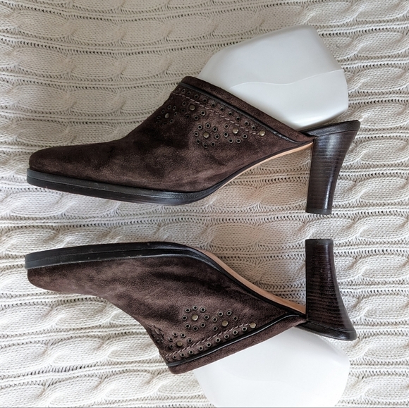 Cole Haan Leather Mules Slip On Heels Shoes 9 Brown Studded‎ Grommets - Picture 6 of 14